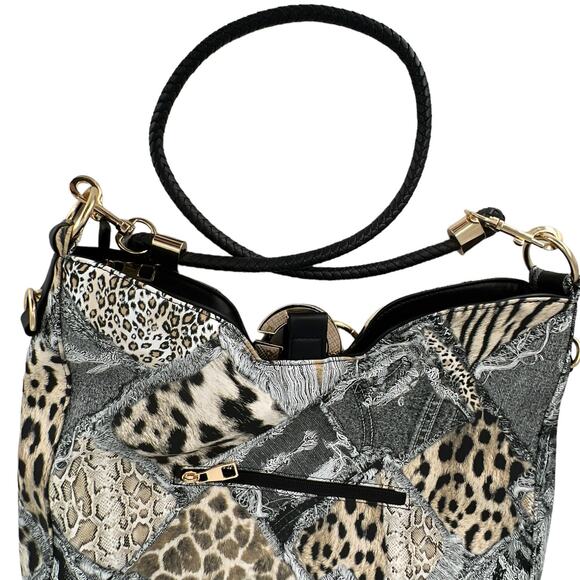 Retro Patchwork Leopard Print Hobo Large Capacity Crossbody Shoulder Tote Purse - Picture 7 of 15